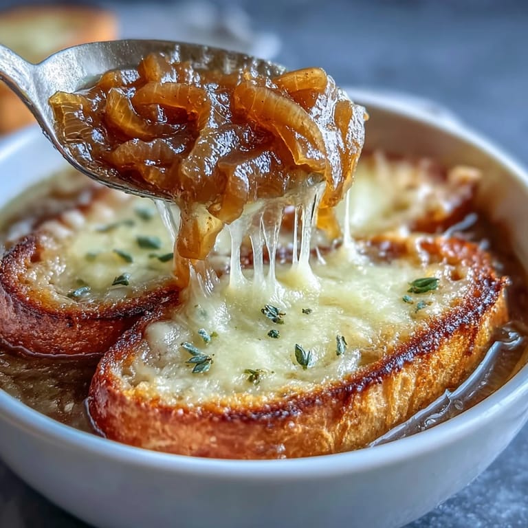 Savory French onion soup with slow-cooked golden onions and cheesy sourdough crostini, served hot for a hearty, satisfying lunch or dinner.