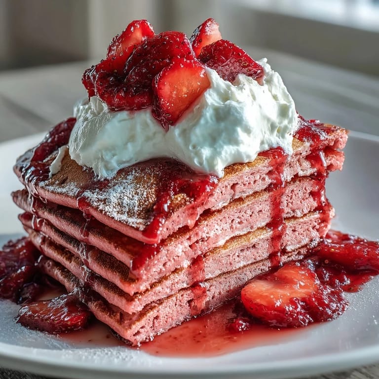 Stack of naturally pink pancakes topped with fresh strawberry compote and whipped cream, ideal for a romantic Valentine's breakfast.  