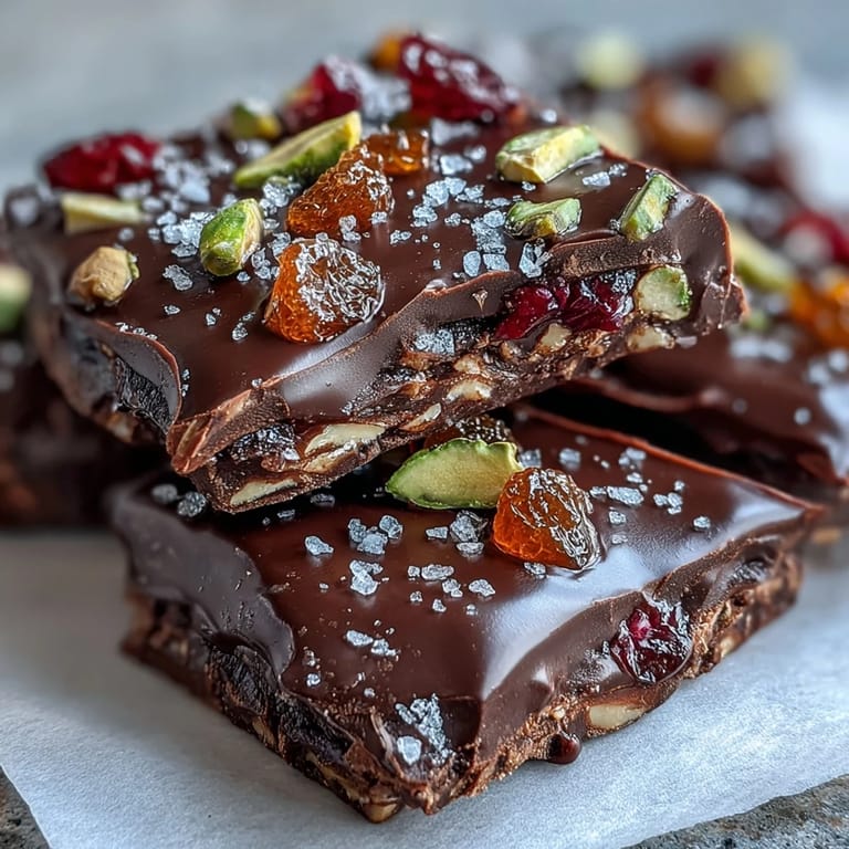 Rich bittersweet chocolate topped with vibrant candied orange peel, crunchy pistachios, and freeze-dried raspberries.  