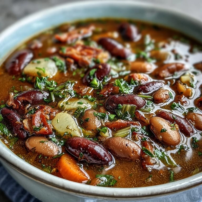 Slow-cooked 15-bean soup featuring a savory ham bone, loaded with carrots, celery, and smoky paprika for deep flavor.  