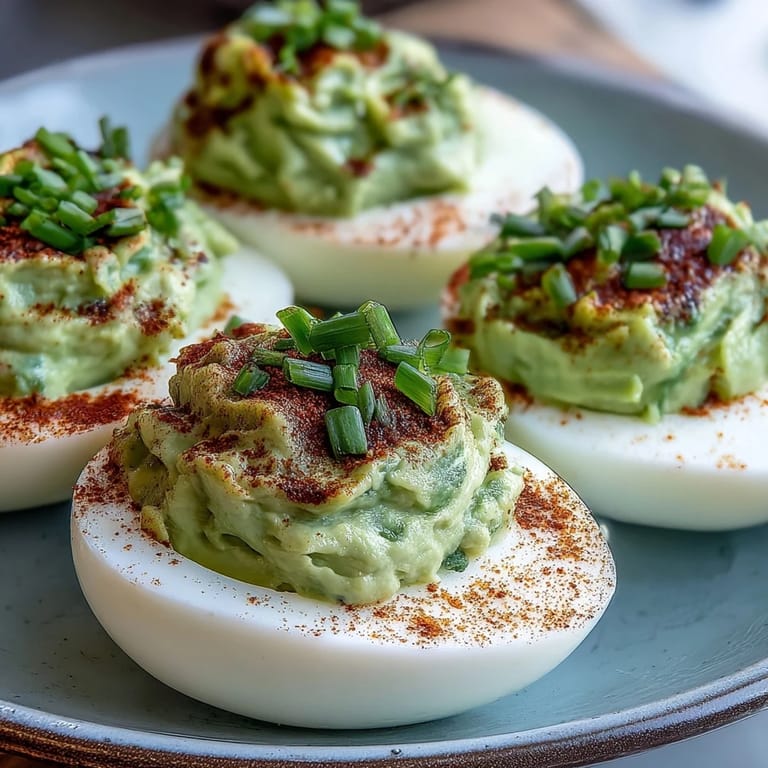 Vibrant avocado deviled eggs with a smooth, zesty filling—perfect for healthy party snacks or brunch spreads.  