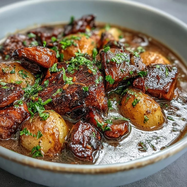 Rich and comforting Guinness-free Irish stew featuring tender mushrooms, carrots, and potatoes in a fragrant herb broth.