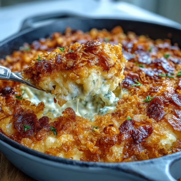 Comforting funeral potatoes and ham breakfast skillet with sautéed peppers and onions baked to bubbly perfection.