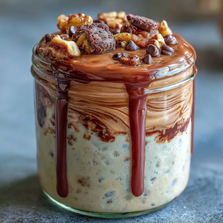 Creamy peanut butter cup overnight oats jar layered with rich chocolate sauce and crunchy crushed peanuts for a dessert-inspired breakfast.