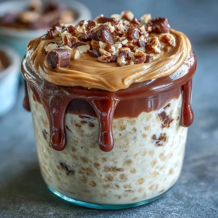Peanut butter cup overnight oats jar featuring smooth peanut butter and cocoa layers, perfect for a sweet, satisfying morning treat.