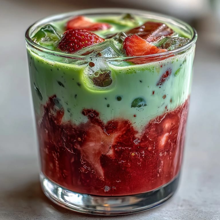 Refreshing iced latte featuring layers of sweet strawberry, earthy matcha, and smooth coconut milk — dairy-free and vegan.