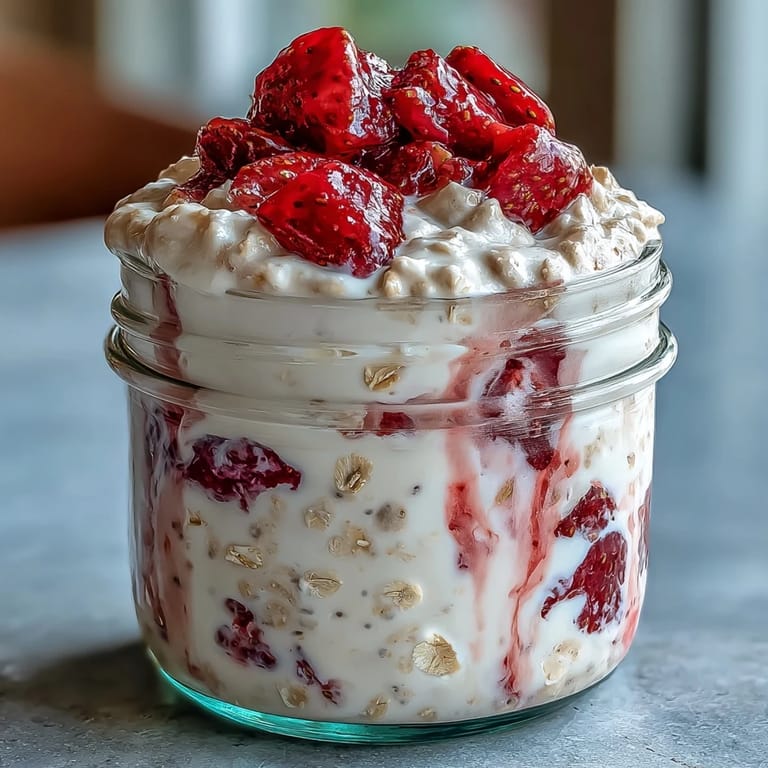 Protein-rich strawberry vanilla oats layered with creamy yogurt and chia seeds, perfect for a nutritious and filling morning meal.
