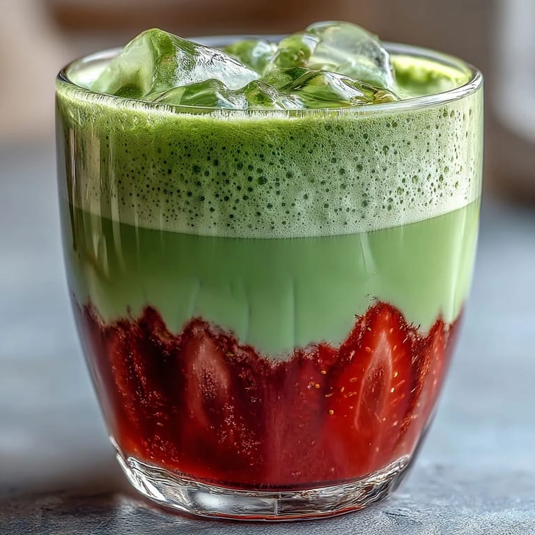 A refreshing vegan Strawberry Matcha Latte topped with airy oat milk foam, served over ice with a straw for easy sipping.