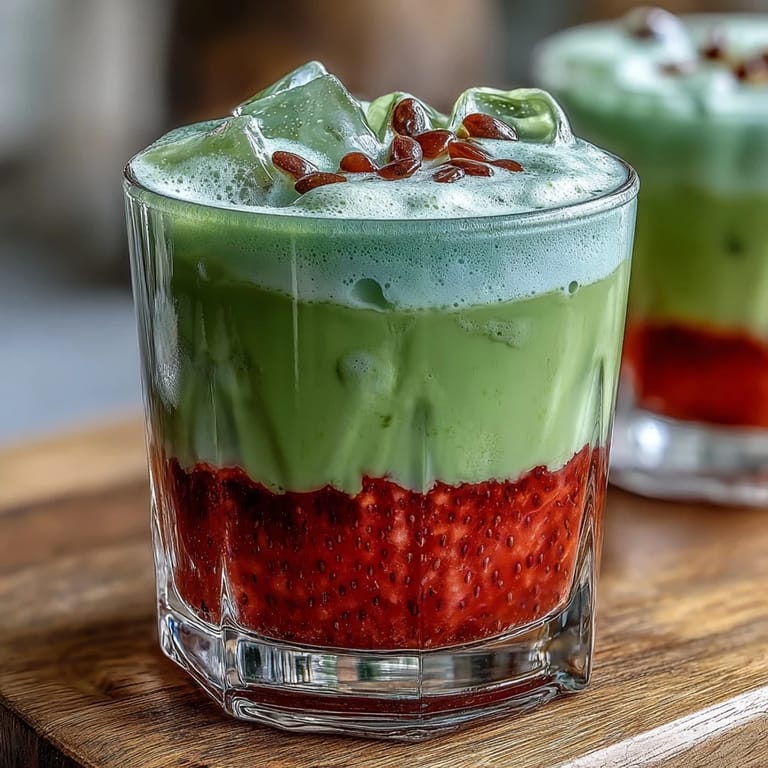 Layered Strawberry Matcha Latte featuring sweet strawberry base, earthy matcha middle, and frothy oat milk foam in a tall glass.