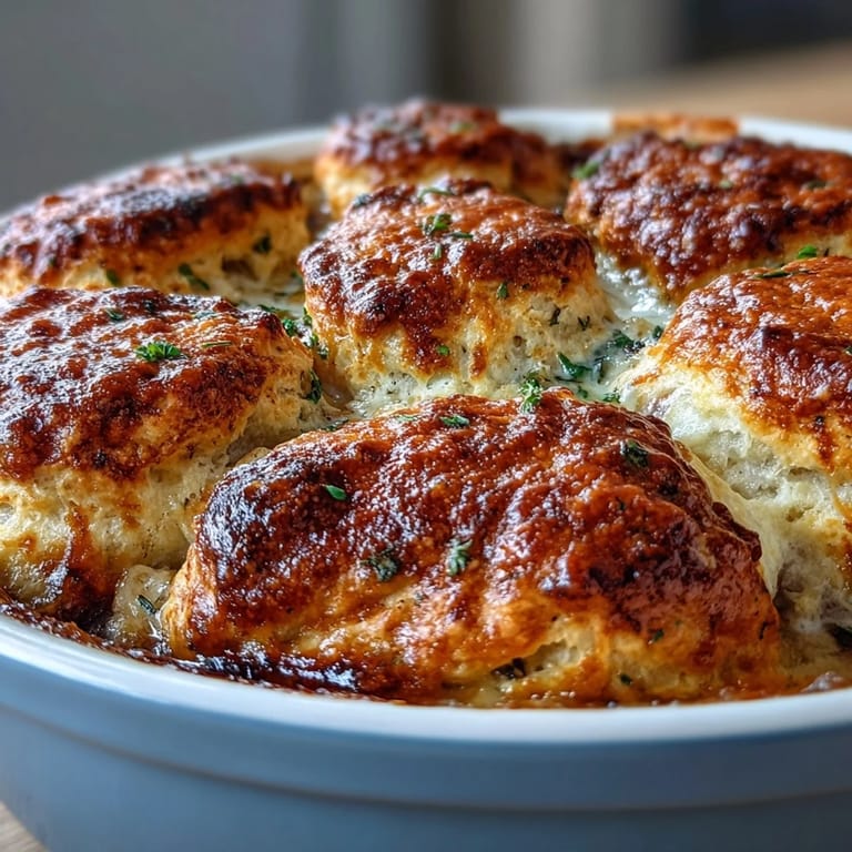 Classic comfort food: chicken pot pie with flaky biscuit crust, filled with creamy vegetables and tender chicken in a savory sauce.