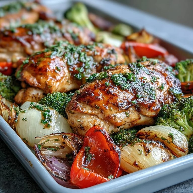 Colorful one-pan dinner featuring juicy chicken breasts and caramelized vegetables seasoned with Italian herbs.  