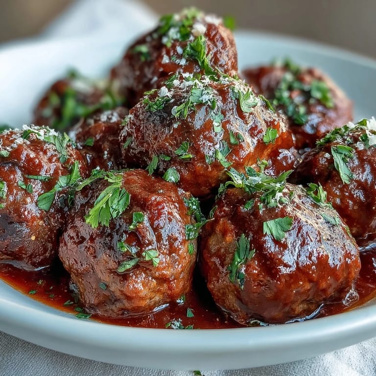 Tender beef meatballs simmered in savory tomato sauce, ready to serve straight from the slow cooker for easy entertaining.  