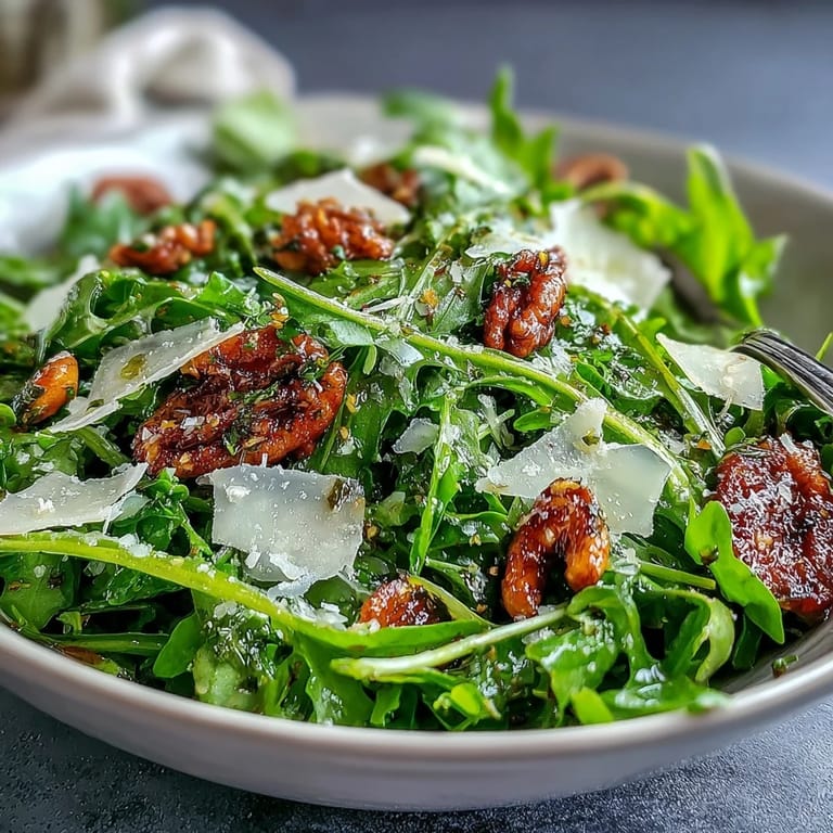 Zesty lemon vinaigrette coats peppery arugula, topped with shaved Parmesan and crunchy pine nuts for a bright, refreshing salad.  
