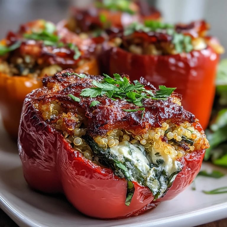 Baked quinoa-stuffed bell peppers with fresh herbs and vegetables, topped with feta cheese for a Mediterranean-inspired spring meal.