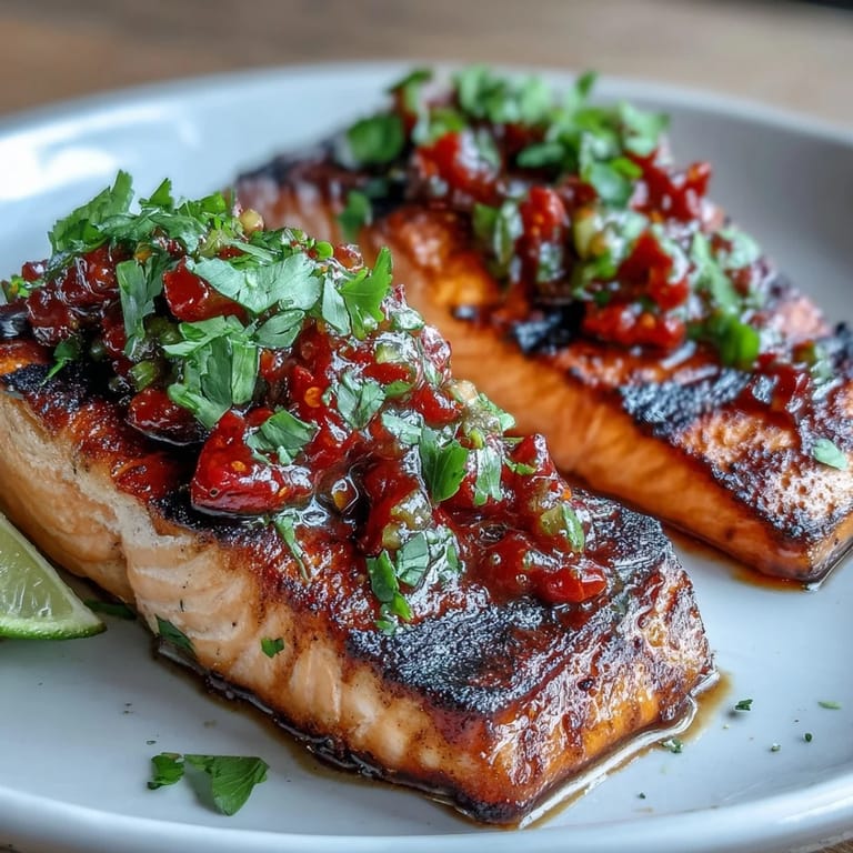 Aromatic grilled salmon with zesty strawberry salsa, perfect for a light and healthy main dish.  