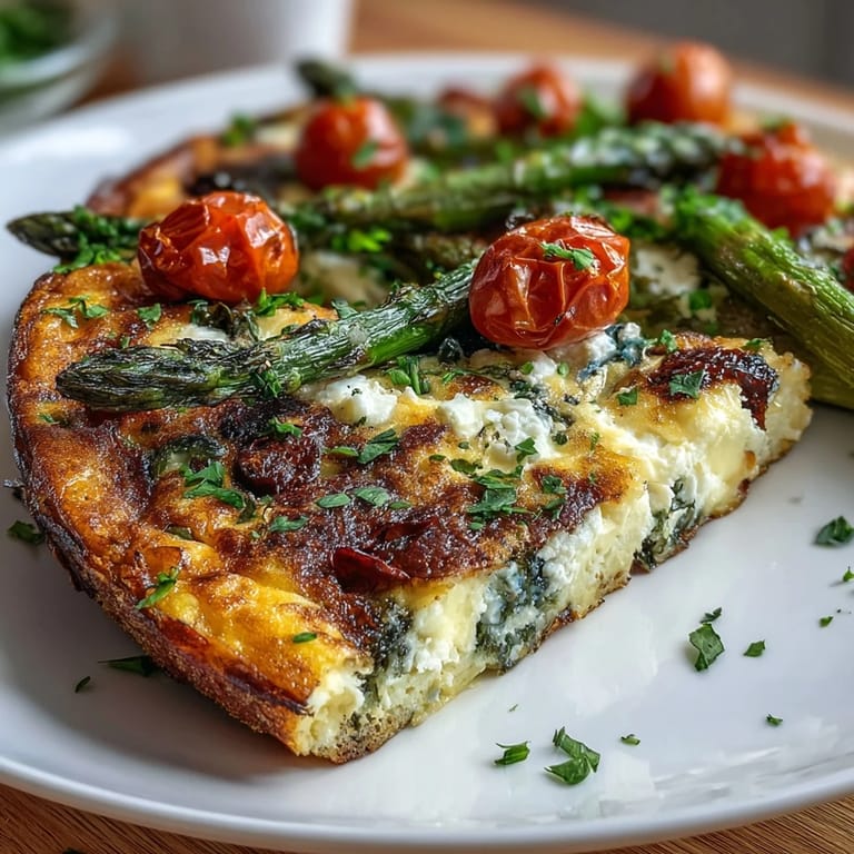 Spring Veggie Frittata with Asparagus and Goat Cheese: Slices of savory frittata filled with vibrant asparagus, zucchini, and spinach, topped with tangy goat cheese and fresh herbs.