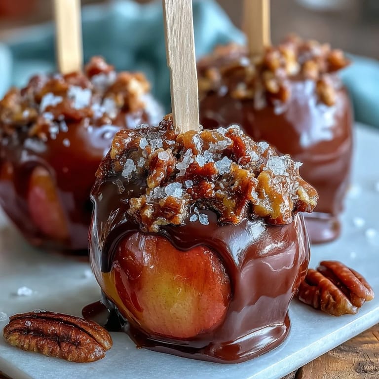 Crisp apple wedges coated in rich caramel and dark chocolate drizzle, topped with crunchy nuts and sprinkles.