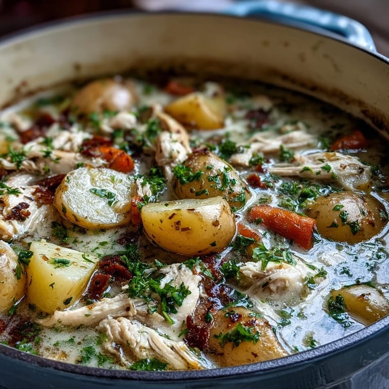 Slow cooker chicken pot pie soup featuring shredded chicken, potatoes, carrots, and a rich, comforting cream base.