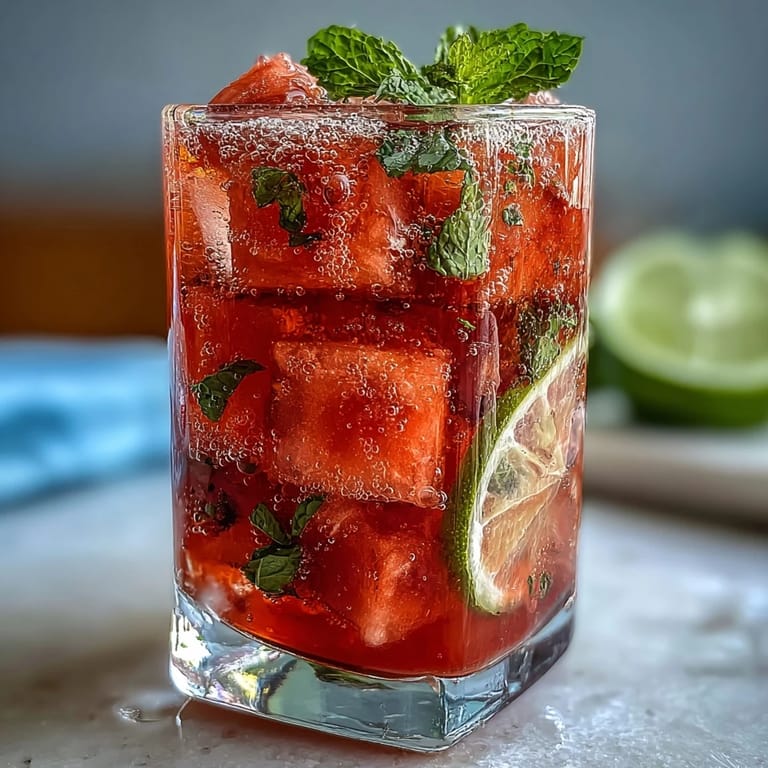 Bright and bubbly watermelon mint vodka spritz mocktail garnished with lime, mint sprigs, and chilled over ice.