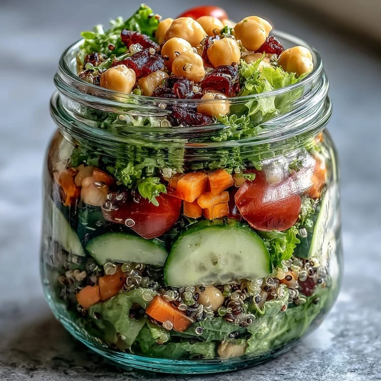 Layered mason jar salads packed with crisp greens, cherry tomatoes, and grilled chicken for the week.
