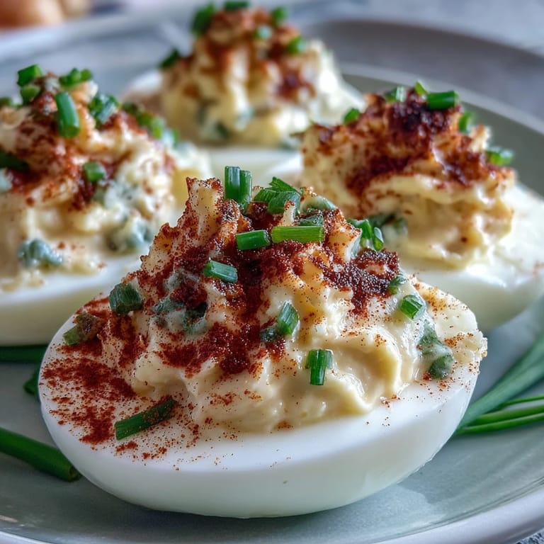 Creamy deviled egg halves topped with a sprinkle of paprika and chives, a classic appetizer perfect for picnics or parties.