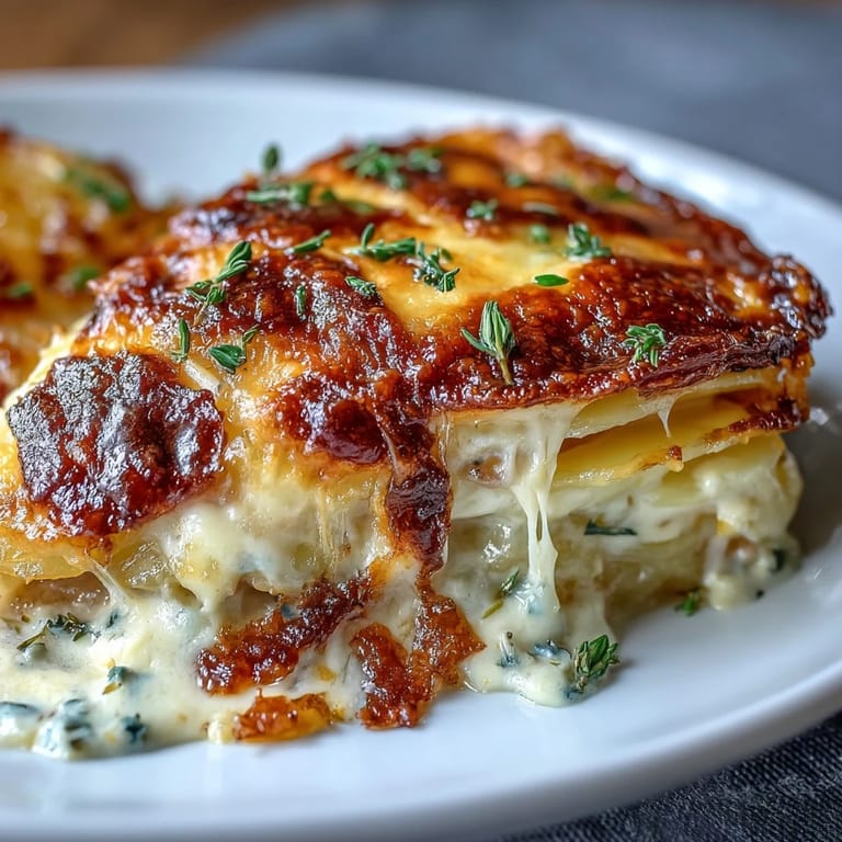 Elegant scalloped potatoes with Gruyere, featuring silky cream sauce, golden crust, and fragrant thyme—ideal for Easter or holiday dinners.
