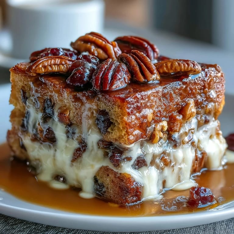 Rich Mexican dessert capirotada features golden bread, sweet piloncillo syrup, cinnamon, and raisins baked until bubbly and fragrant.