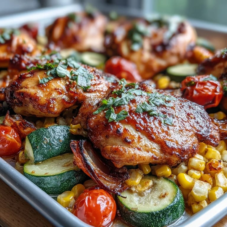 Easy sheet pan chicken dinner with zucchini and corn, bursting with summer flavors and colorful roasted vegetables.  