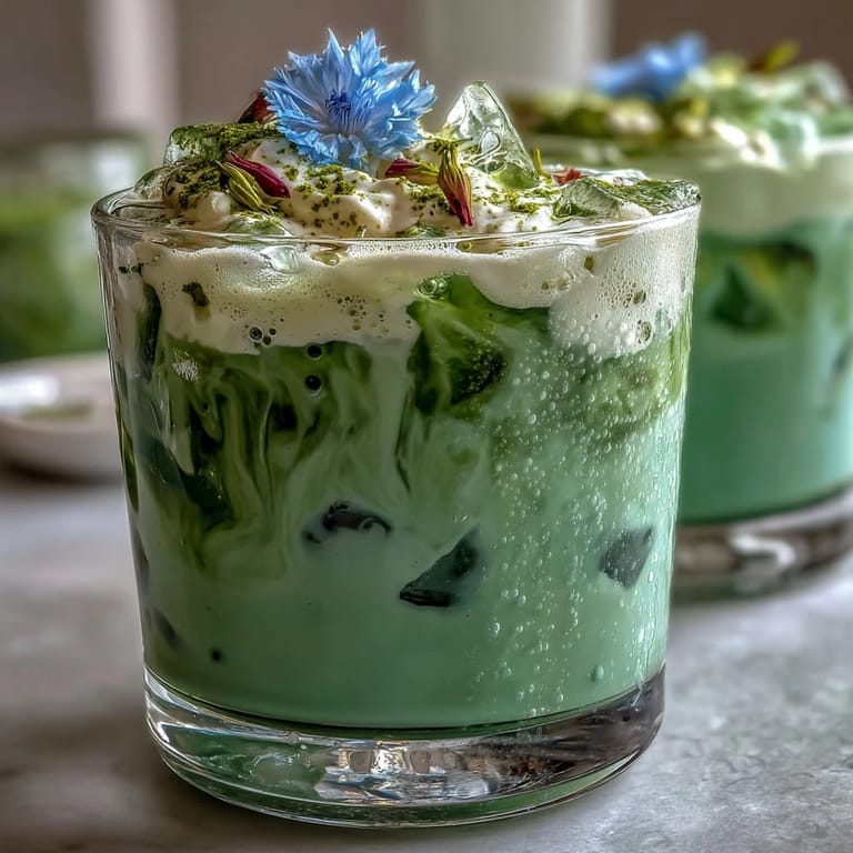 Vibrant green iced matcha latte topped with airy vanilla cold foam delight.