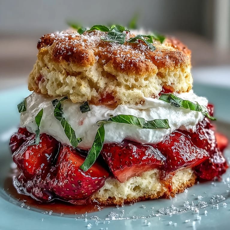 Buttery biscuits topped with macerated strawberries, basil, and fluffy whipped cream—a refreshing dessert bursting with summer flavors.