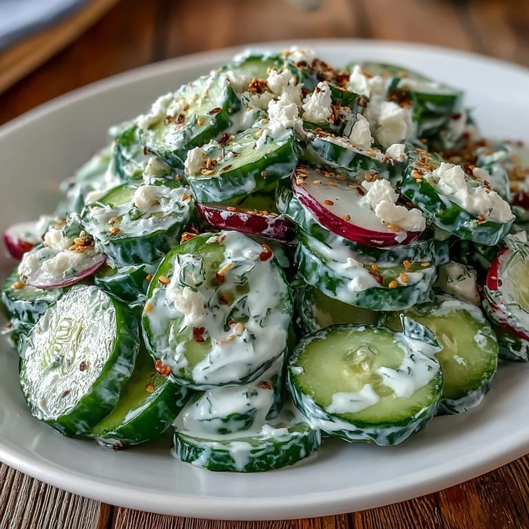 Viral cucumber salad features crisp slices drenched in creamy, herby dressing ready to serve.
