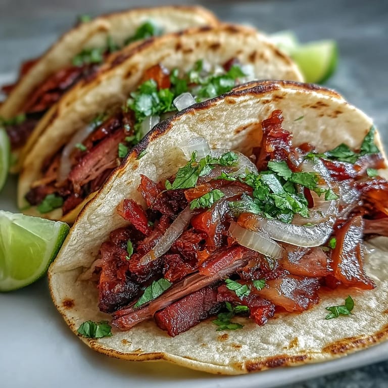 Glistening smoked brisket tacos, ready with bright pickled red onions and lime.