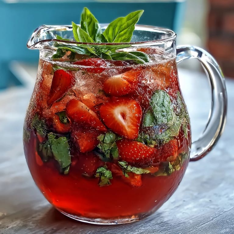 A loaded Strawberry Basil Lemonade Pitcher, visually inviting with bright red fruit accents.