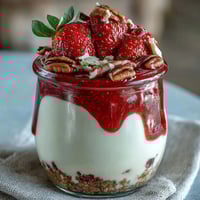 Creamy strawberry cheesecake overnight oats with fresh strawberries and crunchy graham cracker topping in a mason jar.  