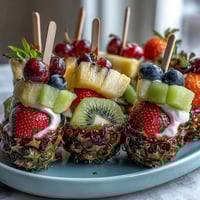 Fun Kid Lunch Bento Box with Fruit Skewers and Dip featuring colorful strawberries, grapes, and kiwi on mini skewers, creamy vanilla yogurt dip, and playful sandwich shapes.