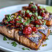 Juicy grilled salmon fillets topped with vibrant strawberry salsa, a fresh and colorful spring dinner.  