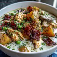 Creamy slow cooker chicken pot pie soup with tender chicken and hearty vegetables in a savory broth.