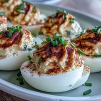 Classic deviled eggs with paprika and chives, creamy yolk filling piped into egg white halves, garnished with smoked paprika and fresh herbs.