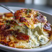 Creamy scalloped potatoes with Gruyere cheese, baked to golden perfection in a rich, garlicky cream sauce.  