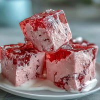 Gorgeous strawberry rose gelatin mosaic cake, jewel-like cubes in creamy goodness.