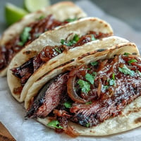 Smoked brisket tacos piled high with tangy pickled onions and fresh cilantro.
